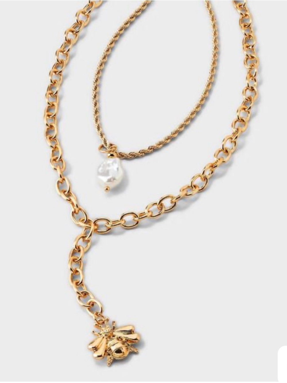 A New Day Gold Layered Chain Necklace with Pearl and Bee Charm
